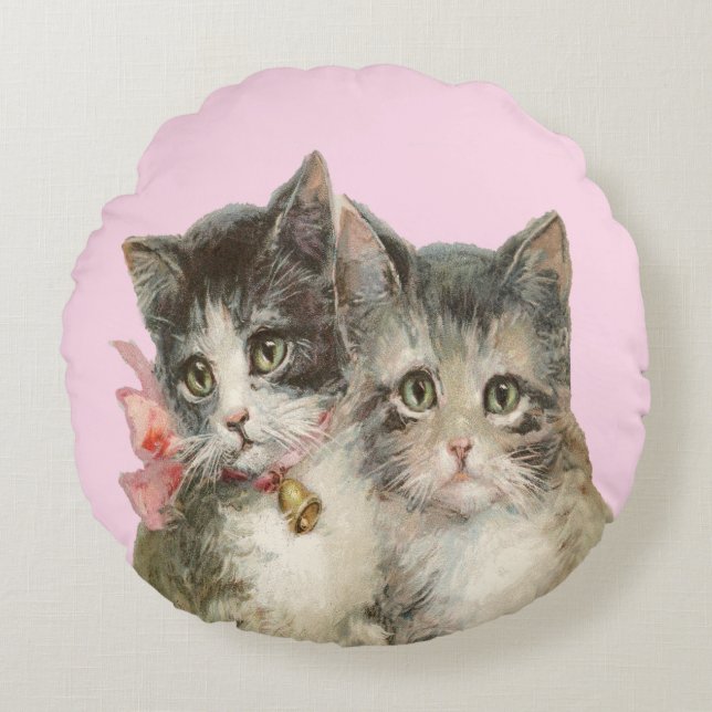 Sött Vintage Katt Kattunge Rund Kudde (Framsidan)