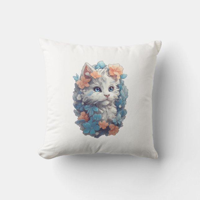Sött vitt blommigt kattunge kudde (Framsida)