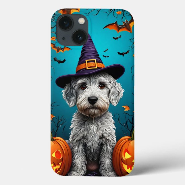 Sött Vitt Fluffigt Hund Halloween Häxa Estetik (Baksida)