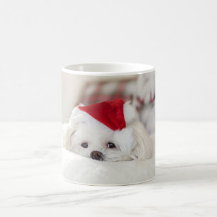 Sött Vitt Hund i en Röd Julhatt Kaffemugg