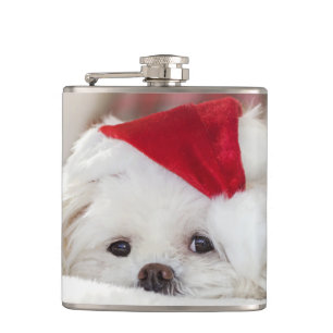 Sött vitt hund i röd julhatt fickplunta