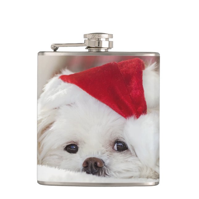 Sött vitt hund i röd julhatt fickplunta (Framsidan)
