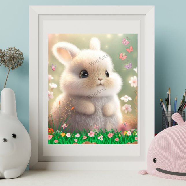 Sött Vitt Kanin i Trädgård av Blommor Konst Plants Poster (Skapare uppladdad)
