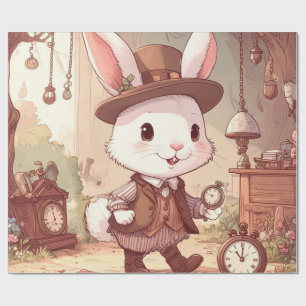 Sött Vitt Kanin Underland Whimsical Tidtagare Presentpapper