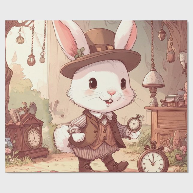 Sött Vitt Kanin Underland Whimsical Tidtagare Presentpapper (Platt)