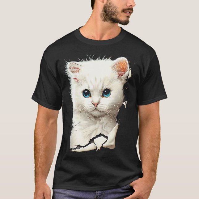 Sött Vitt Katt Rev Sönder Tyg T Shirt (Framsida)