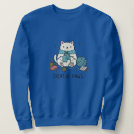 Sött Vitt Katt Stickar Blått Garn Mysig Design T Shirt