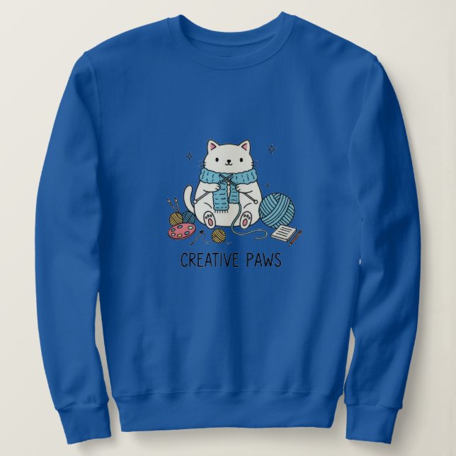Sött Vitt Katt Stickar Blått Garn Mysig Design T Shirt (Design framsida)