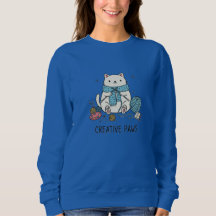 Sött Vitt Katt Stickar Blått Garn Mysig Design