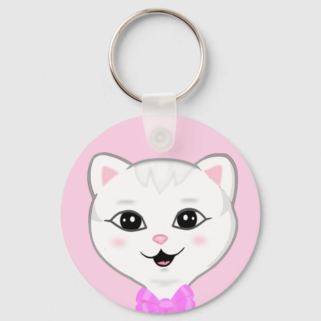 Sött vitt kattansikte på ljust rosa nyckelring (Framsida)