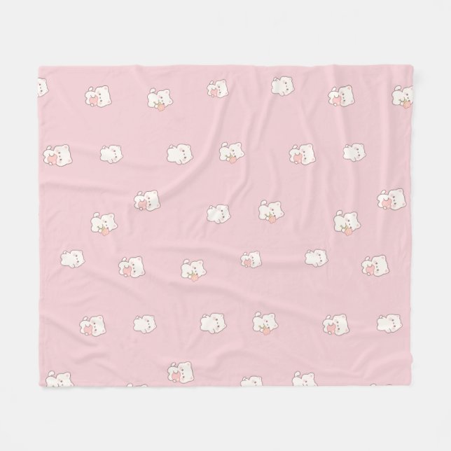 Sött Vitt Kattmönster – Kawaii Hjärtan & Blommor  Fleecefilt (Framsidan (Horisontell))