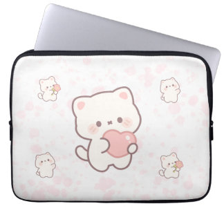 Sött Vitt Kattmönster – Kawaii Hjärtan & Blommor Laptop Fodral