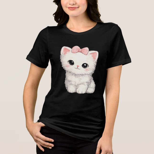 Sött Vitt Kattunge med Rosa Slinga T Shirt (Framsida)