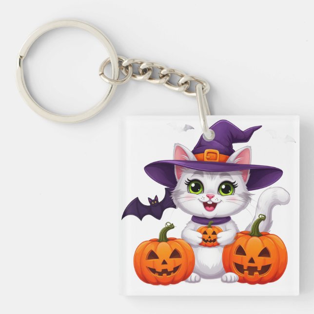 Sött Vitt Kattunge Pumpa Halloween Häxa Hatt 🎃 (Framsidan)