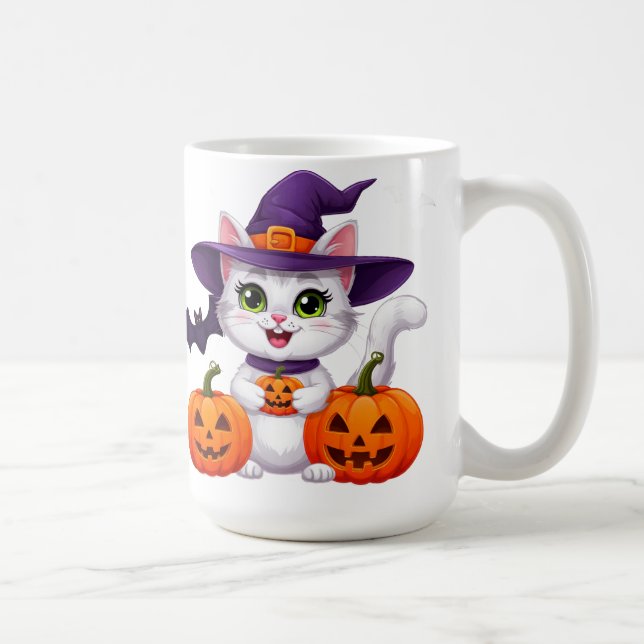 Sött Vitt Kattunge Pumpa Halloween Häxa Hatt 🎃 Kaffemugg (Höger)
