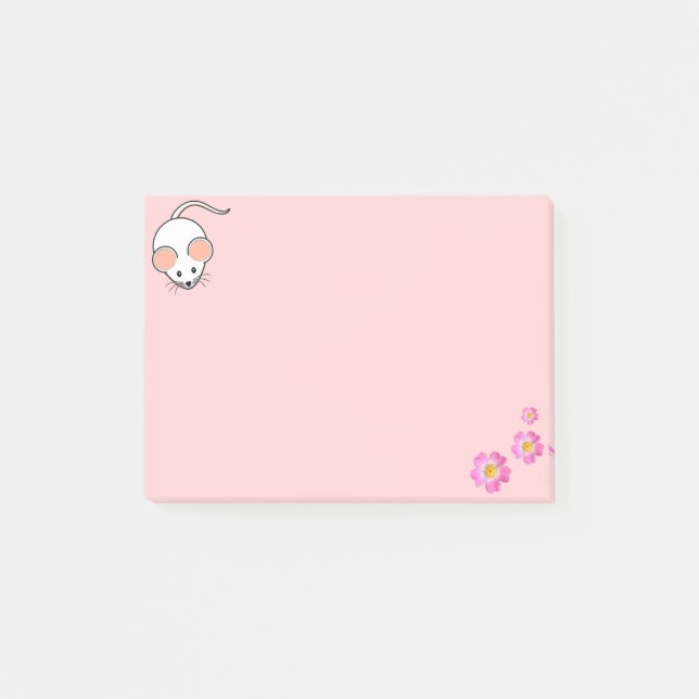 Sött vitt mus & rosa blommor på rosa post-it block (Framsida)