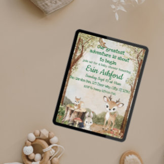 Sött Woodland Animal Äventyr Begins Baby Shower Inbjudningar