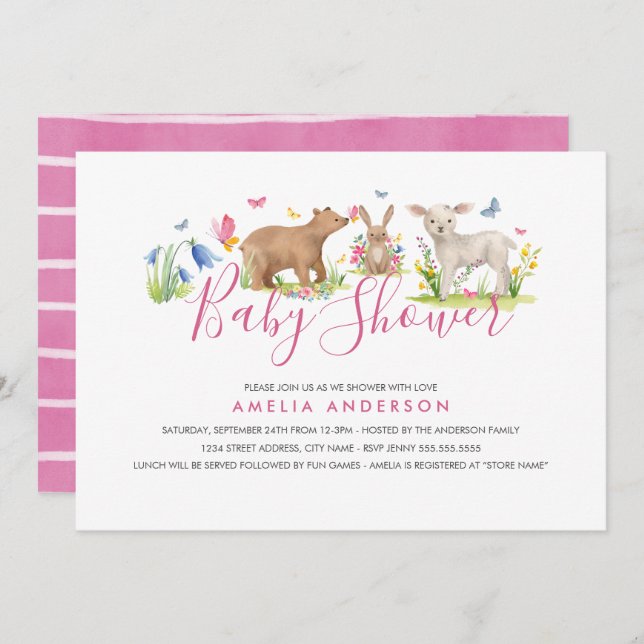 Sött Woodland Animal Baby Shower Inbjudningar (Fram/baksida)