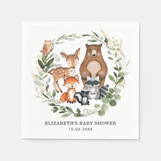 Sött Woodland Animals Botanical Greenery Guld Pappersservett (Framsidan)