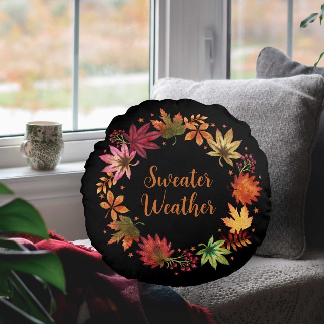 Sötväder Hösthösten Höst löv andedräkt Rund Kudde (Sweather Weather Autumn Fall Leaves Wreath Round Pillow)