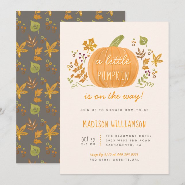 Sötvattenfärg Fall Little Pumpkin Baby Shower Inbjudningar (Fram/baksida)