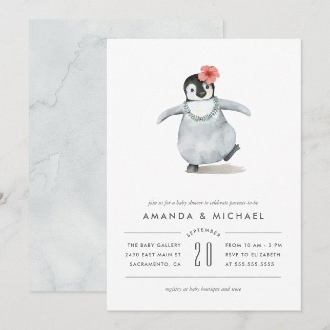 Sötvattenfärg Penguin Baby Shower Inbjudningar (Fram/baksida)