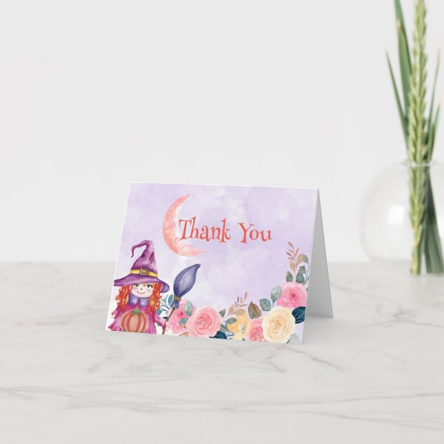 Sötvattenfärgad Blommigt Pumpkin Witch Baby Shower Tack Kort (Framsida)