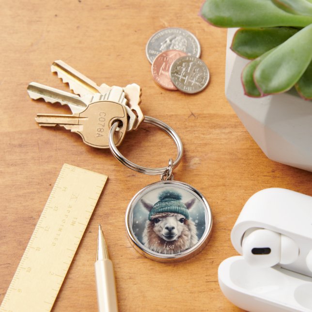 Sötvinter Alpaca, anpassningsbar Rund Silverfärgad Nyckelring (Skrivbord)