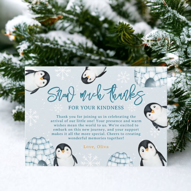 Sötvintern pingguin igloos snö babydusch tack kort (Cute winter penguin igloos snow baby shower thank you card)