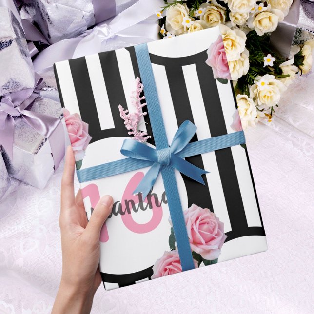 Sötvit 16 chic rosa ros svartvit rand presentpapper (Skapare uppladdad)