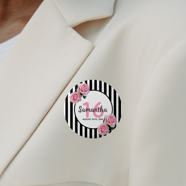 Sötvit 16 rosa ros svartvit rand knapp (Skapare uppladdad)