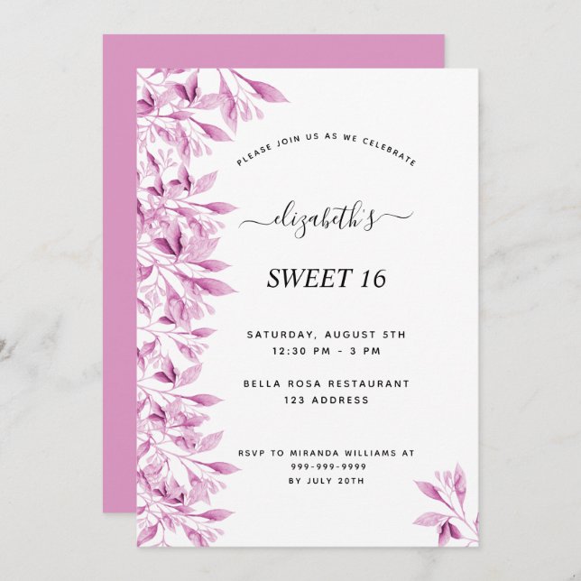 Sötvit 16 rosa vit blomma elegant inbjudningar (Fram/baksida)