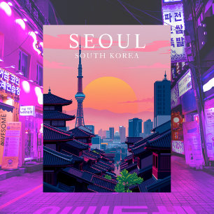 Söul Korea Night Skyline Travel City Art Vykort