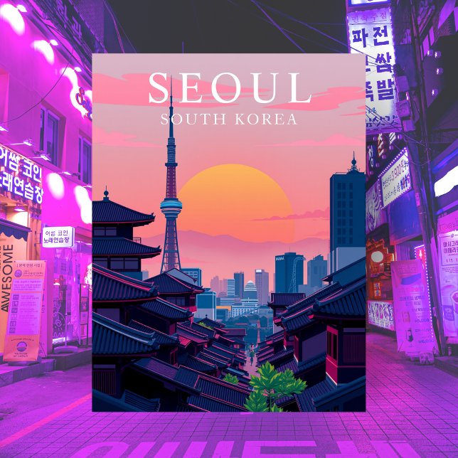Söul Korea Night Skyline Travel City Art Vykort (Seoul Korea Night Skyline Travel City Art Postcard)