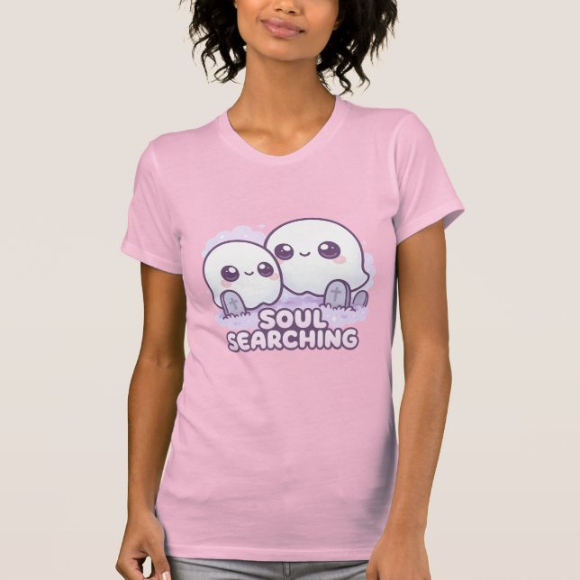 Soul Searching – Kawaii Ghosts in Misty Graveyard T Shirt (Framsida)