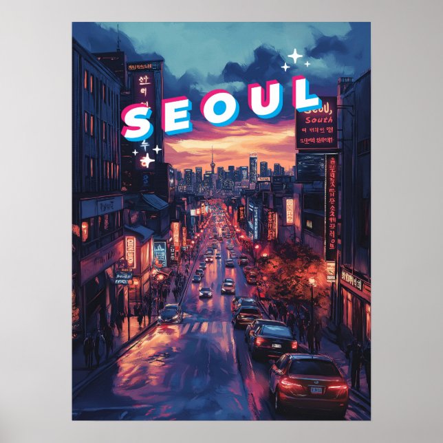 Söul Sunset: En brant Cityscape Travel Poster (Framsidan)