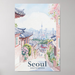 Söul Sydkorea Gouache Illustration Travel Poster