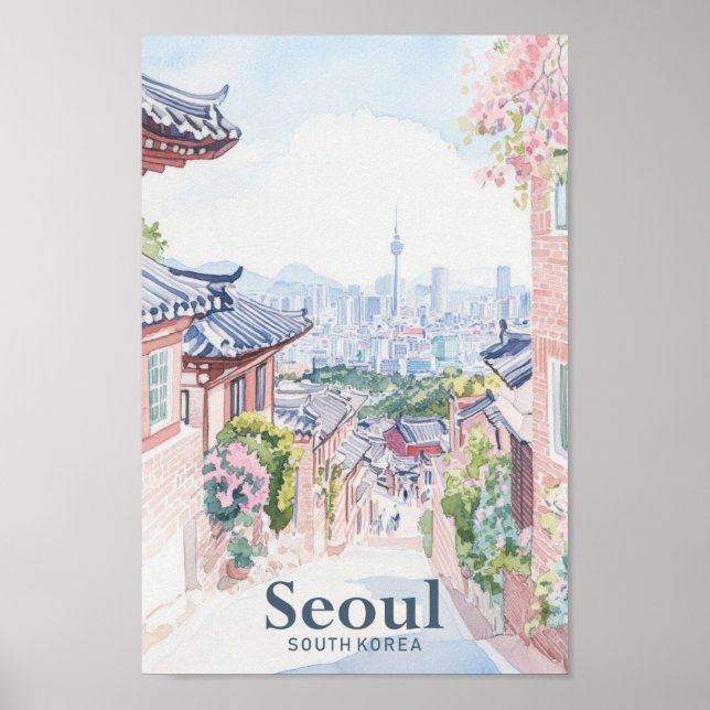 Söul Sydkorea Gouache Illustration Travel Poster (Framsidan)