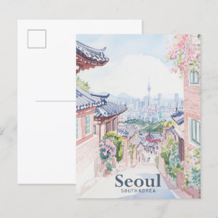 Söul Sydkorea Gouache Illustration Travel Vykort