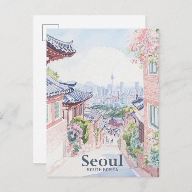 Söul Sydkorea Gouache Illustration Travel Vykort (Fram/baksida)