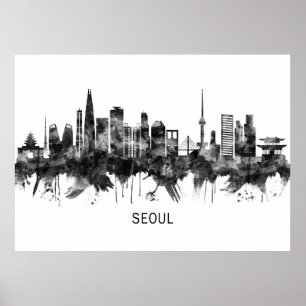 Söul Sydkorea Skyline BW Poster