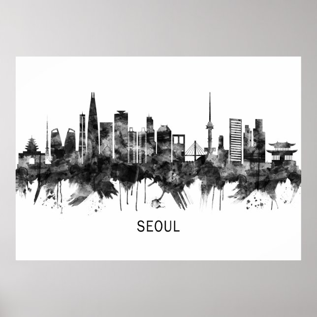 Söul Sydkorea Skyline BW Poster (Framsidan)