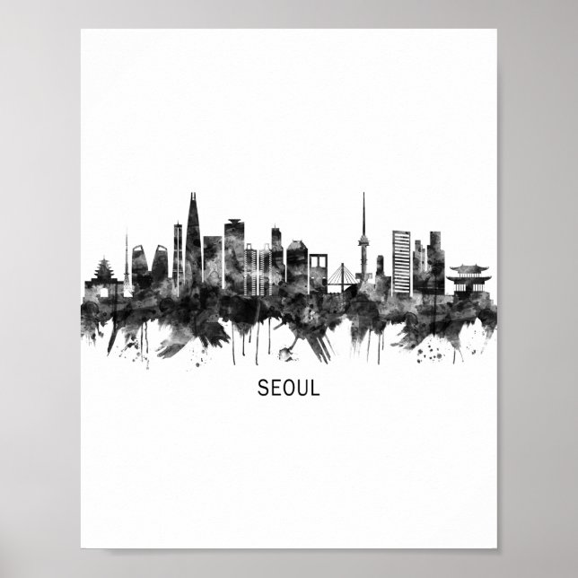 Söul Sydkorea Skyline BW Poster (Framsidan)