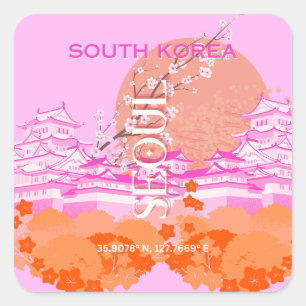 Söul Sydkorea Travel Art, Rosa Fyrkantigt Klistermärke