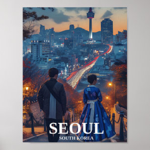Söul Sydkoreas konstnärliga reseillustration Poster
