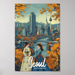 Söul Sydkoreas Vintage Art Travel Illustration Poster