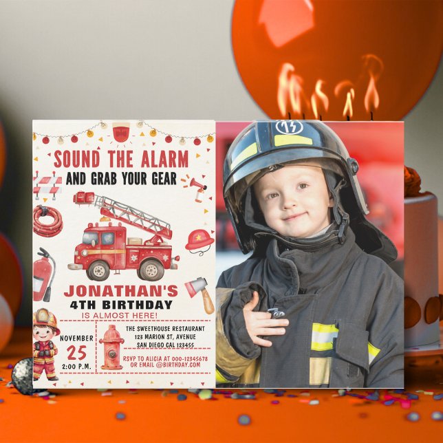 Sound the Alarm! Firefighter Birthday Boy Photo Inbjudningar (Skapare uppladdad)