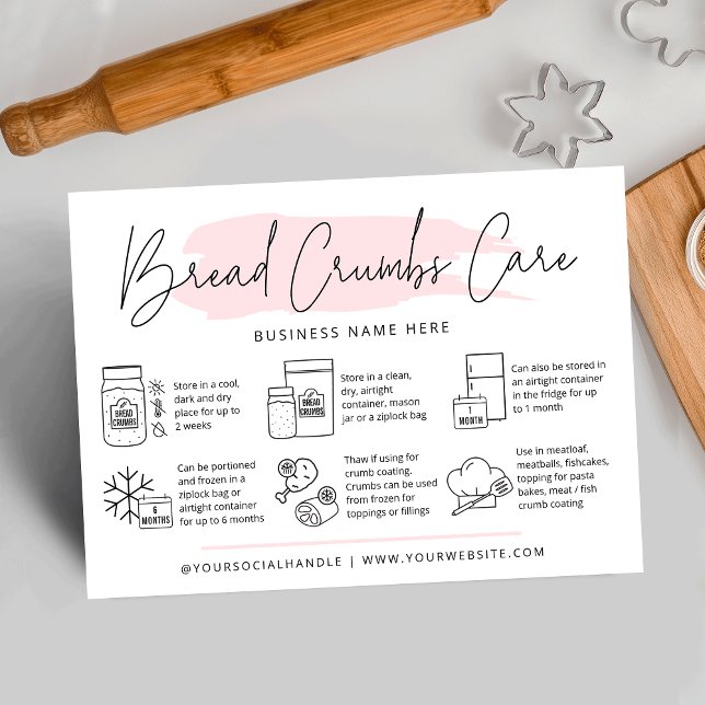 Sourdough Bread Crumbs Care Guide Rosa Watercolor Visitkort (Sourdough bread crumbs care cards with icons, modern script font and pink watercolor and your logo)