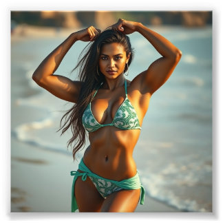 South Asian Fitness Model i Swimwear på Beach Fototryck