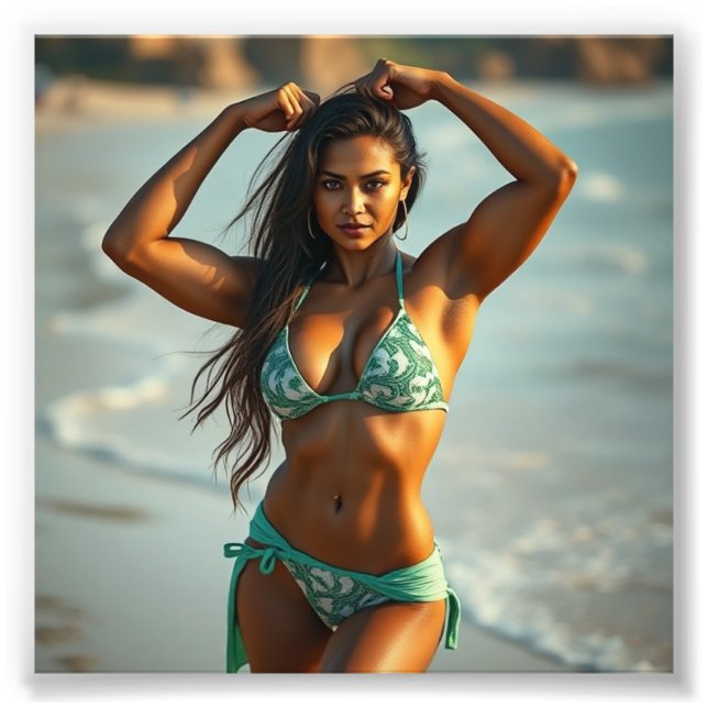 South Asian Fitness Model i Swimwear på Beach Fototryck (Framsidan)